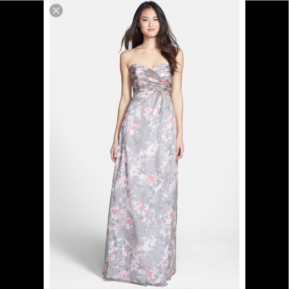 Amsale graphite “Amore” silk chiffon floral gown